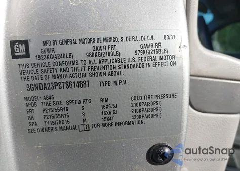 2007 Chevrolet Hhr Lt from USA, damaged, VIN 3GNDA23P87S614887